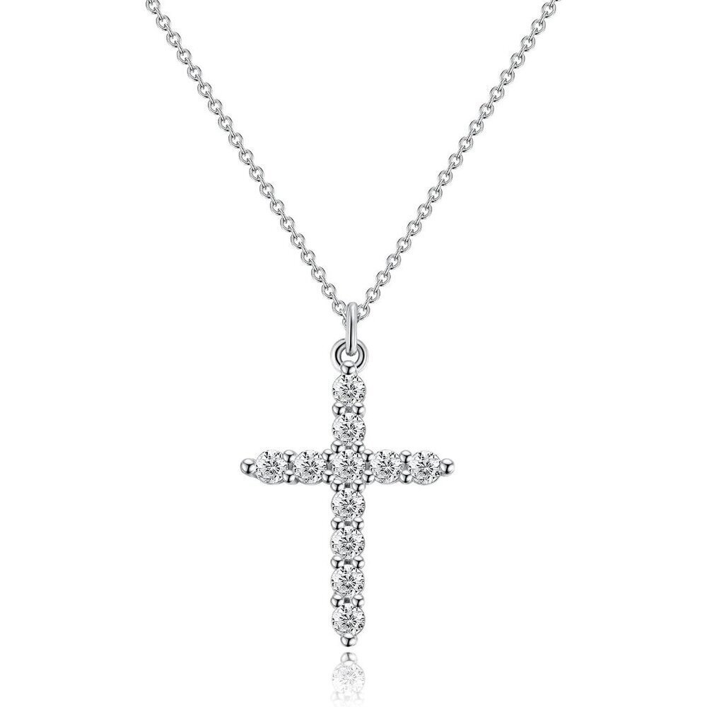 Women B CZ Cross, Silver 14K Gold Plated Crown Cross Necklace - Non-Tarnish